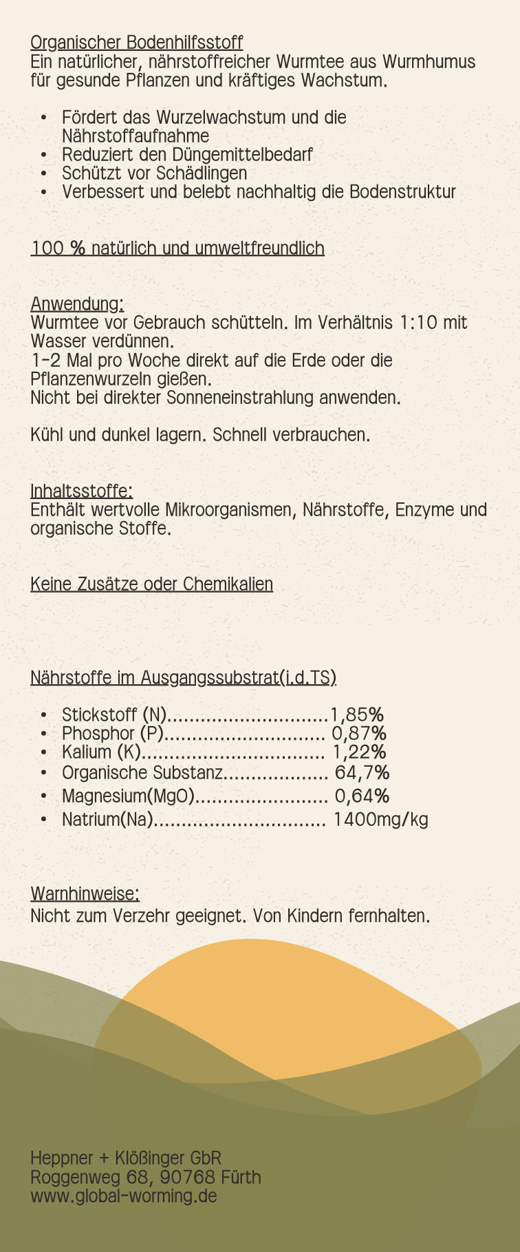 Wurmtee Etikett mit NPK Werten- Global Worming